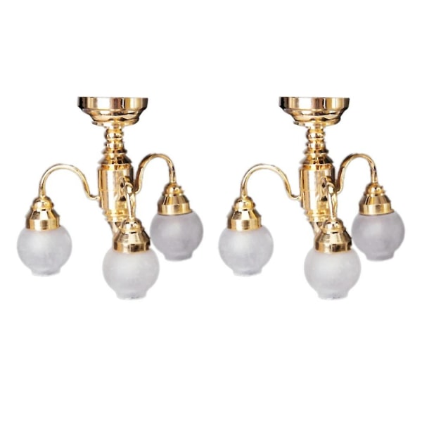 2x 1:12 Dukkehus Messing Lysekrone 3 Arm Lampe Led Taklampe Glasskjerm [DB]