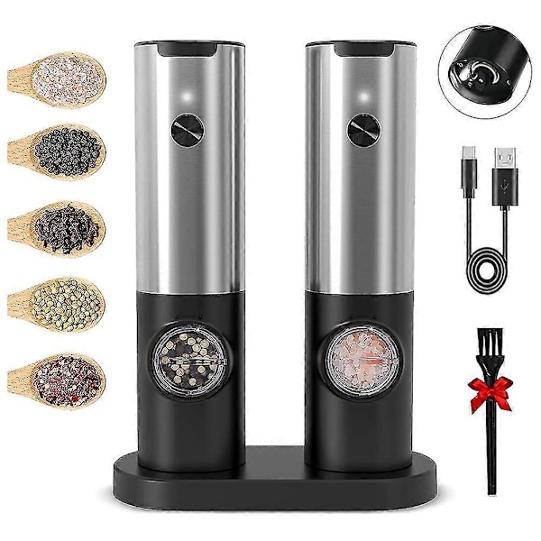 Laderbar Elektrisk Salt- og Pepperkvernsett med Dobbel Laderbase, USB-kabel, Automatisk Saltkvern DB