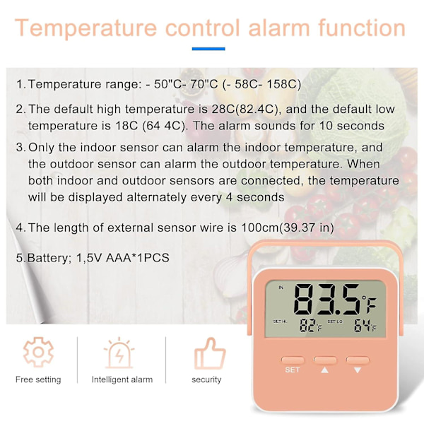 Digitalt kjøleskap fryser termometer - Høy lav temperatur alarm (ekstra sensor)
