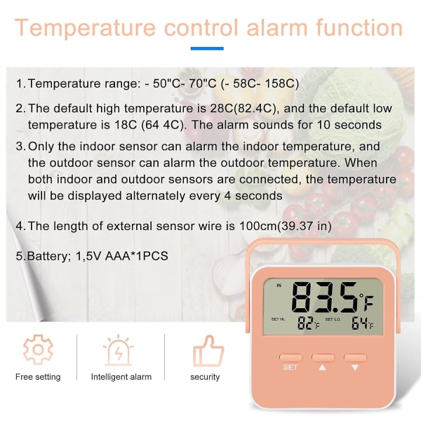 Digitalt køleskabsfrysertermometer - Høj lav temperatur alarm (ekstra sensor)