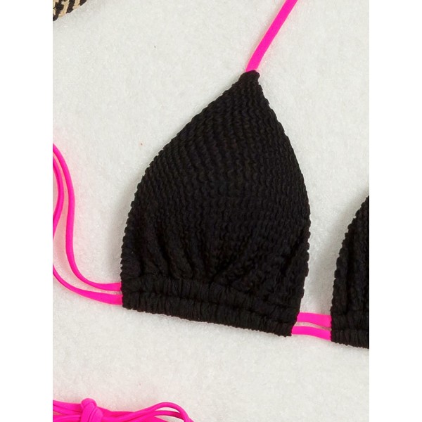 Kvinders blomsterprint Halter Triangle Tie Side Bikini Sæt Todelt badedragt (sort farveblok)