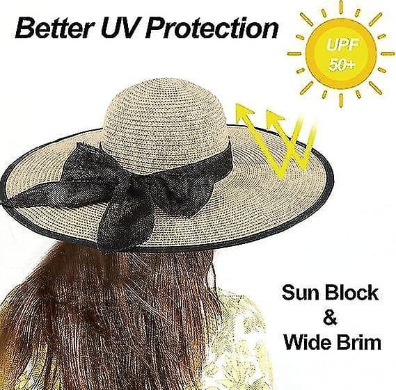 Solhat i strå til kvinder (55-60 cm), stor solhat med bred skygge til damer, strandhat, blød, sammenfoldelig og kan rulles sammen