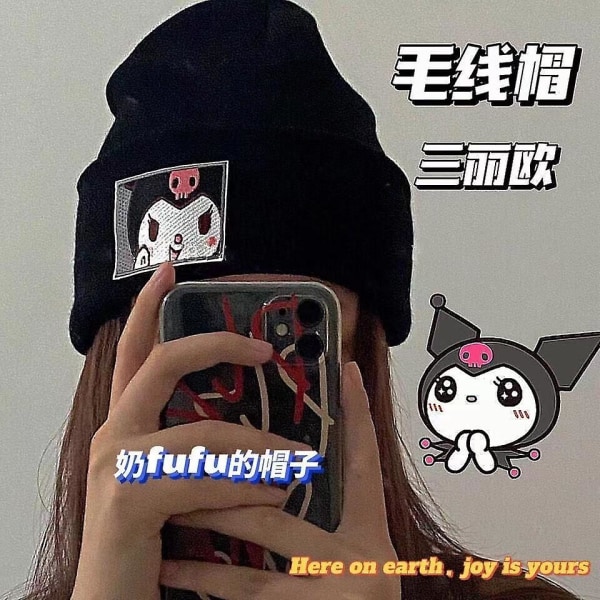 Kawaii Sanrioed Melody Cinnamoroll Kuromi Kirjonta Neulehattu Anime Söpö Piirretty Talvi Lämmin Parihattu Ystävänpäivälahjat [DB] kuromi