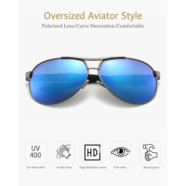 Classic Aviator Polarized Sunglasses for Men Mirrored Lens Bayonet Temples(Blue)