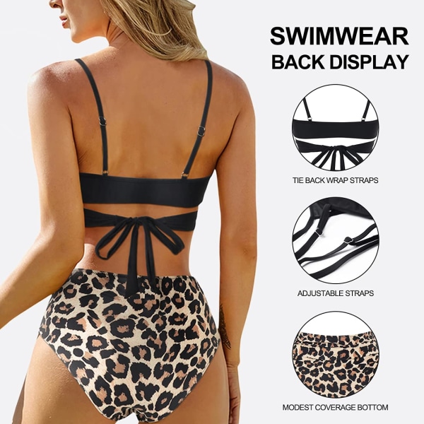 Dames Wrap Bikini Sæt Push Up Højtaljet 2-delt Badetøj (Bag Leopard)