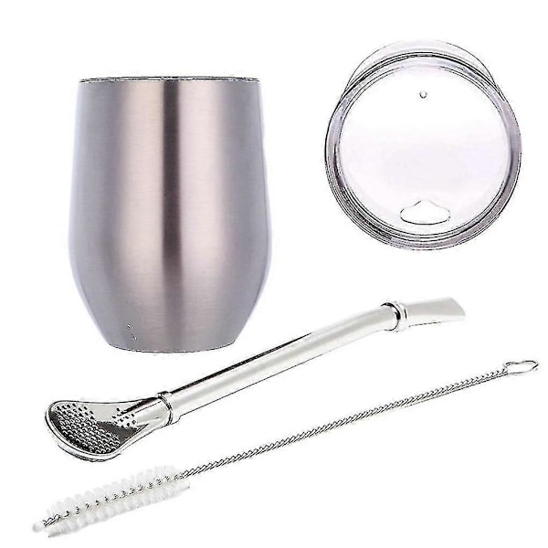 Dubbelväggig Yerba Mate-teservis i rostfritt stål, vattenkopp med lock, sked, sugrör, bombilla Hea [DB]