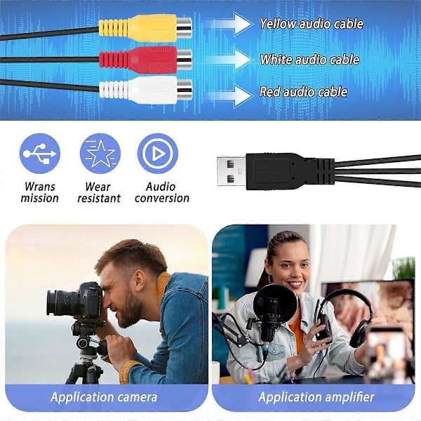 USB till 3RCA-kabel USB-hona till 3 RGB-video AV-kompositadapterkonverteringskabelkabelkontakt Lea [DB] Black