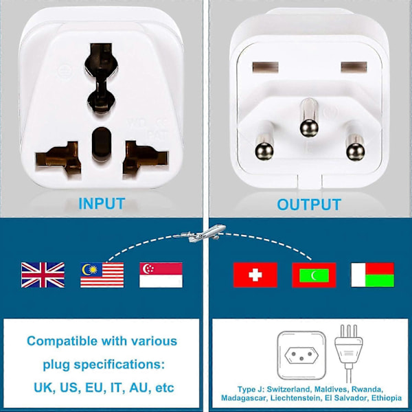 3-pack UK till Schweiz Kontaktadapter, Schweizisk Kontaktadapter, Schweizisk Reseadapter 3-stift Jordad Internationell Universell för Schweiz [db] White White