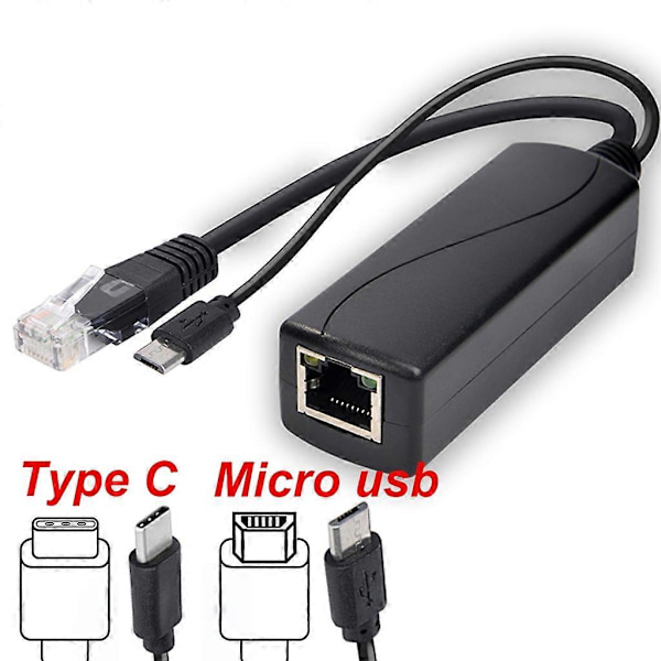 POE Splitter 48V - 5V MicroUSB Type C Power Over Ethernet -sovitinkaapeli db DC3.5 1.35