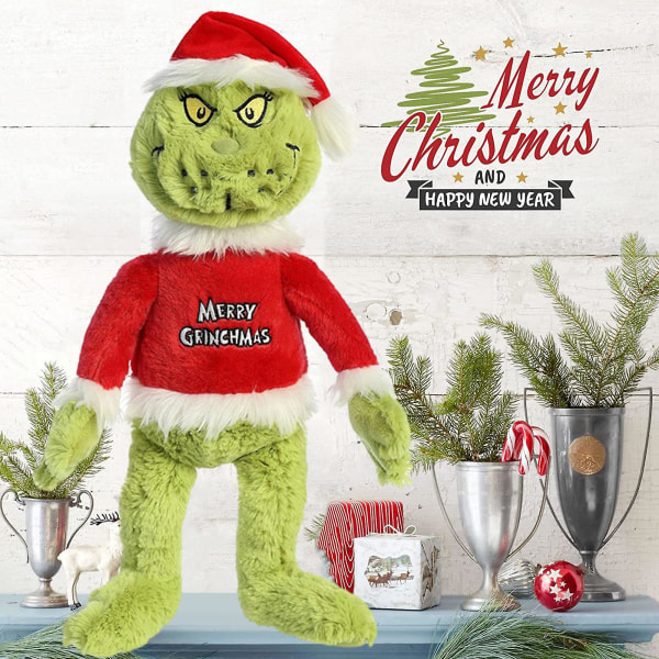 Grønn julemonster plysjleketøy med rød julelue og topper tegneseriemonster plysj ornament morsom halloween karneval fest plysjleketøy DB B