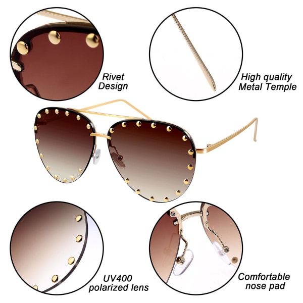 2 delar Kvinnor Båglösa överdimensionerade dubbade solglasögon Gradient Lens Nit Fashion