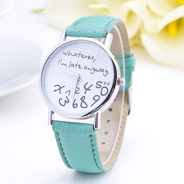 Damklocka \"Whatever I'm Late Anyway\" Text Rund Urtavla Konstläderarmband Quartz db Brown