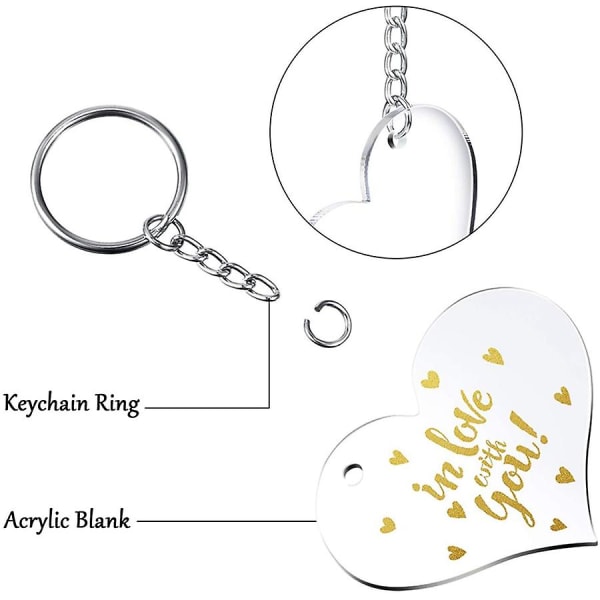30 blanke klare akryl blanks hjerteform vanlig akryl og 30 stykker nøkkelring metallnøkkelringer for
