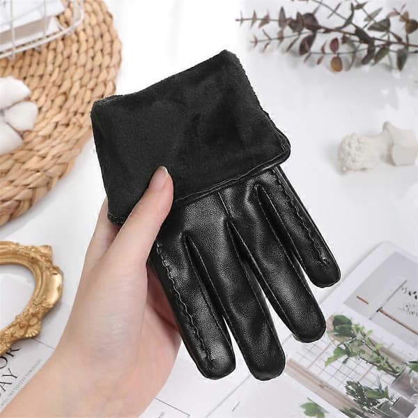 Damelæderhandsker Vinter Bløde Anti-Slip Touchscreen Varme Foret Handsker DB Black