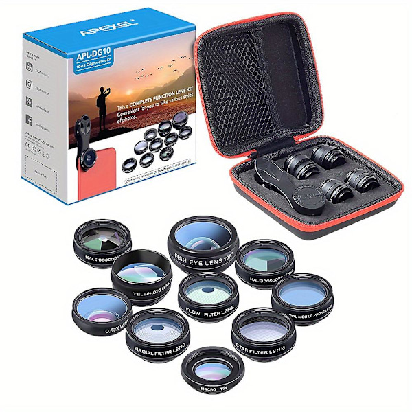 Apexel 10-i-1 Telefonkameraobjektivkit Vidvinkel/Makro/Fisheye/Teleobjektiv/CPL/Flow/Radial/Stjärnfilter/Kalejdoskoplins [DB] Black
