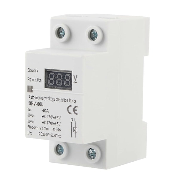 Spændingsregulator, 230V 40A Automatisk Genopretning Overspændings- og Underspændingsbeskyttelsesenhed DIN Skinnemonteret Beskytter db
