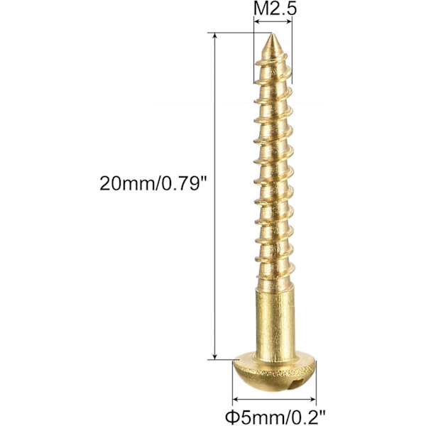 Træskruer M2.5 X 20mm med slids, runde messinghoveder, selvskærende skruer, 100 stk.