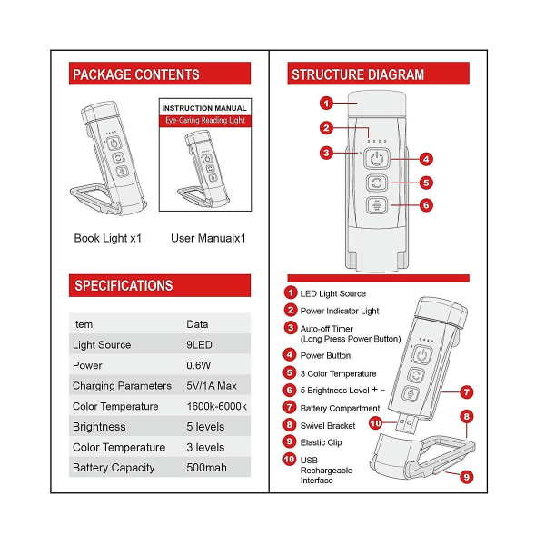 Boklampa med timer USB uppladdningsbar läslampa klämma på läslampa bokmärke nattlampa bok la