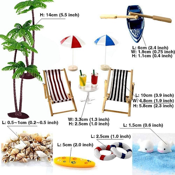 1/12 Dockhus Tillbehör Miniatyr Strand Set Dekoration Strand Mikro Landskap med Solstolar Parasoller Palmträd db