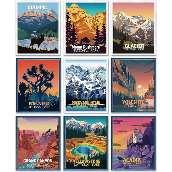 Vintage nationalpark plakater - 9 stykker uindrammede print