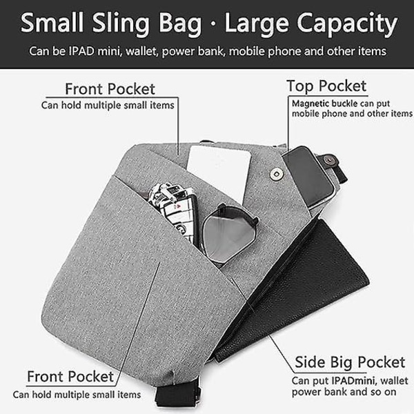 Sling Bag, Letvægts Crossbody Skuldertaske Brysttasker Daypack, En Rem Anti-tyveri Sling Bag Til Kvinder Mænd DB grey right shoulder