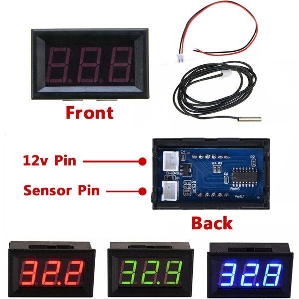 12V Digitalt Termometer Mini Temperatur Tester Vandtæt Digitalt Temperaturmåler Måler til Køleskab Akvarium Frysere, Blå