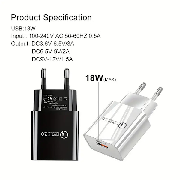 18W QC3.0 Snabbladdare USB EU Väggladdare Mobiltelefonladdare För Xiaomi POCO X3 NFC M3 10T Lite 10 9 Redmi 9 Note 9 8 Pro Typ C Laddare [DB] black
