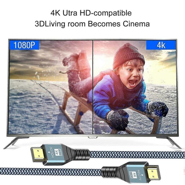 HDMI-kompatibel videoadapterkabel med stöd för 8K@60Hz TV-skärmprojektor, flätad aluminiumlegering 2M