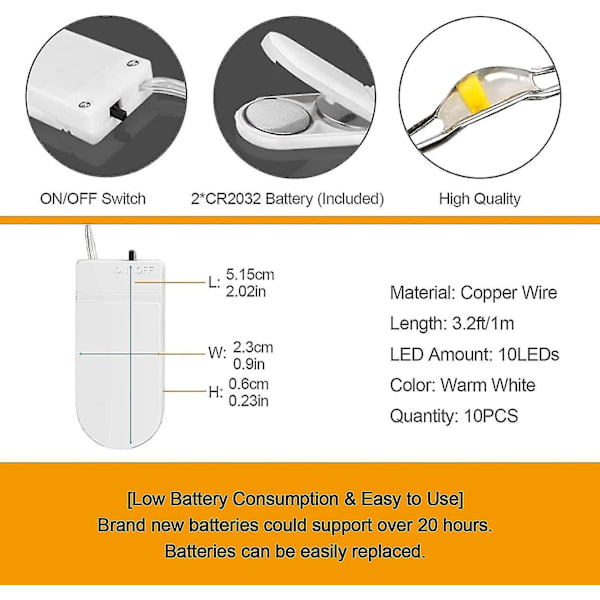 10 stk. LED-lyskæde batteri, lyskæde lille med batteri, 1m 10 mikro [DB]