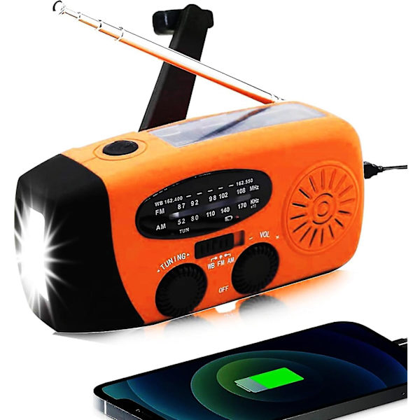 Veva Radio, Solenergi Nöd-FM AM NOAA Bärbar Radio med SOS-Alarm, LED-ficklampa, 2000mAh Powerbank USB-C Mobiltelefonladdare db Orange