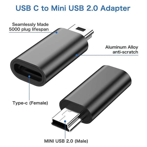 4 kpl USB C - Mini USB 2.0 -sovitinta, tyyppi C naaras - Mini USB uros -muunninsovitin MP3-soittimille, Dashille, [db] Black