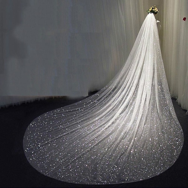 Glitterende Bling Bling Bryllupsslør Lange Katedral Slør med Paljetter og Perler Brudeslør med Gratis Kam [db] Ivory 300cm