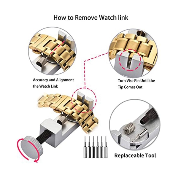 Använd det metalljusterbara watch Pin Remover Repair Tool Kit för att justera ditt watch så att det passar alla watch