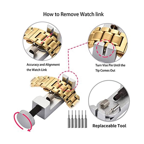 Bruk metalljusterbar klokkebånds-pinnefjerningsverktøysettet for å justere klokkebåndet ditt for å passe til enhver stil av klokke