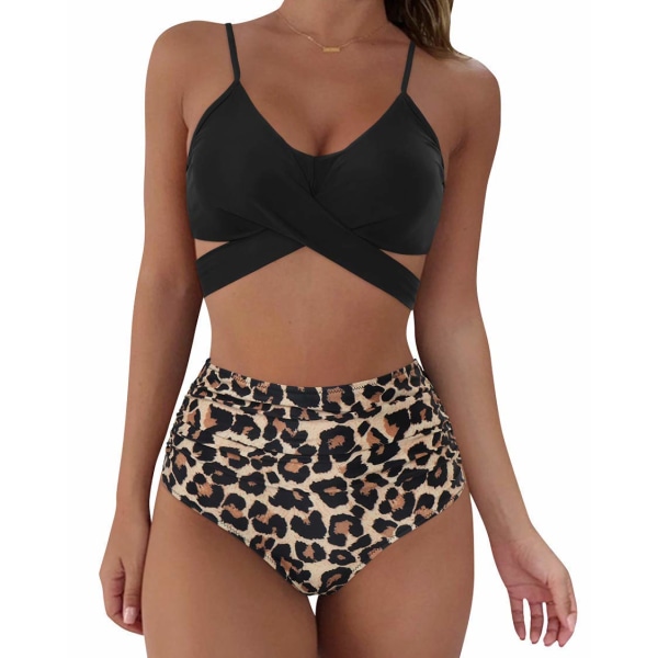 Bikinisett for kvinner med push-up høy midje 2-delt badedrakt (ryggleopard)