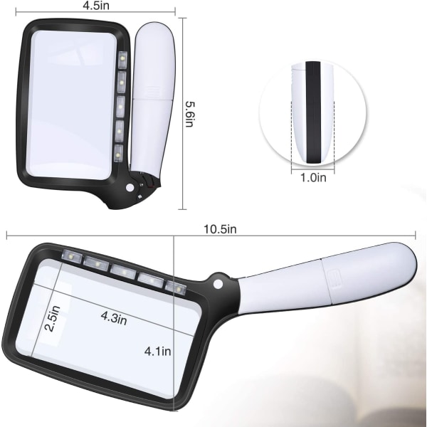 Rektangulær med lysforstørrelsesglas Stor foldbar håndholdt 5 LED'er, 2 dæmpningstilstande