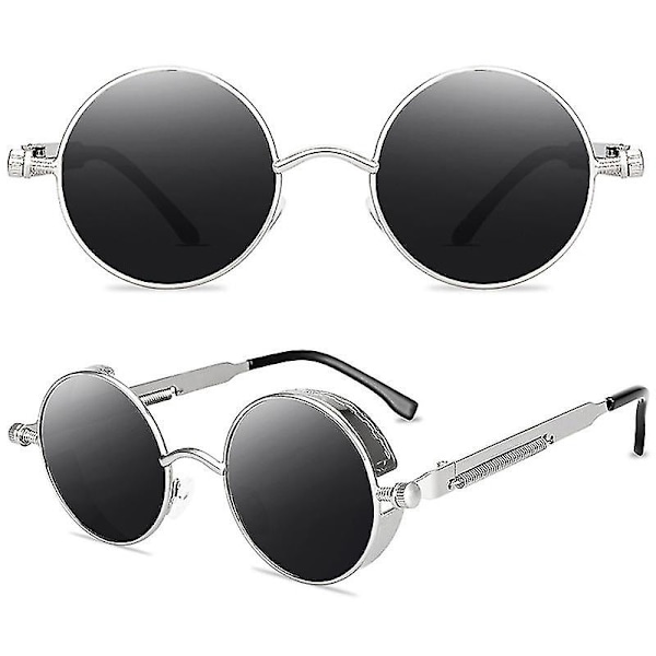 Vintage Polariserende Steampunk Runde Solbriller til Mænd Stilfulde Db Silver Frame Grey Lenses
