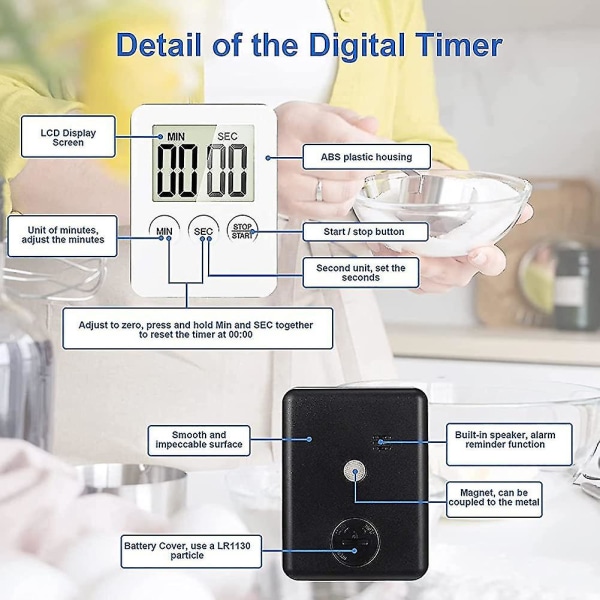 Stoppur, digital minuttimer med högt alarm, 3-i-1 installationsmetod minikökstimer