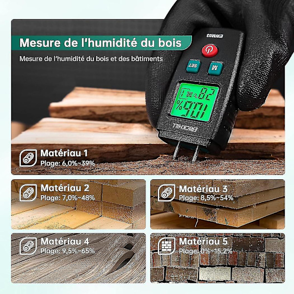 Homeenilmaisin - Erickhill Ewm03 Pin-kosteusmittari LCD-näytöllä, 5 tilaa, vihreä taustavalo [db]
