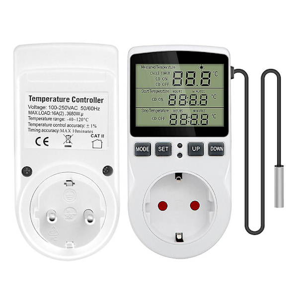Termostat Stik Digital Temperaturregulator 220v Opvarmning Køling Med Probe, Lcd Stik Temperaturregulator