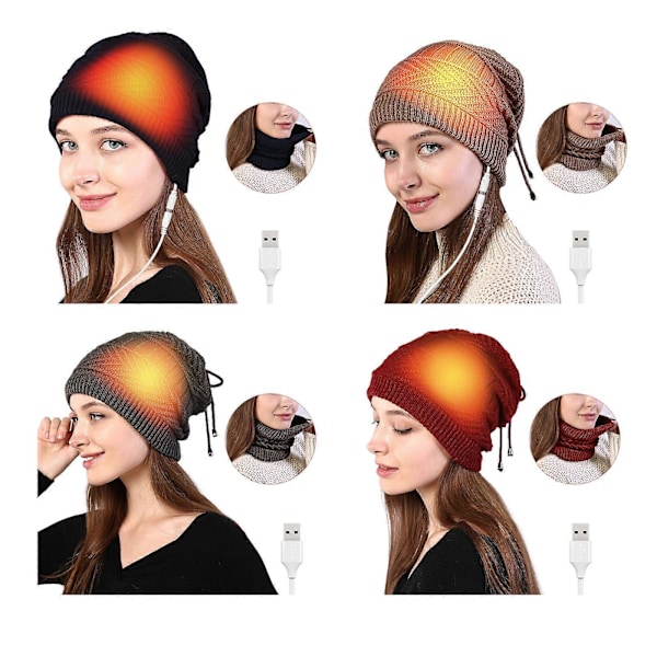 USB Opvarmet Hue Udendørs Vinter Beanie Halstørklæde Unisex | Grå 20x20cm, USB Opladning, Kuldebeskyttelse Db gray