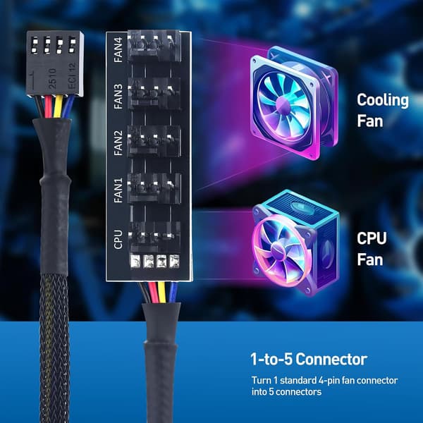 PC-viftesplitter - CPU-viftehub for datamaskinkjølingskontroll | 3 til 1 header-splitter med hastighet, effektiv varmestyring, for stasjonær, arbeidsstasjon