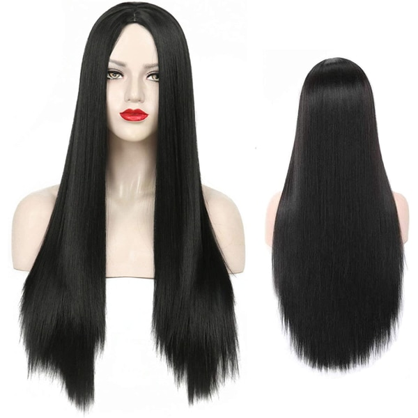 28" 71 cm lång, lång rak syntetisk svart peruk för kvinnor för fest Cosplay Halloween Anime