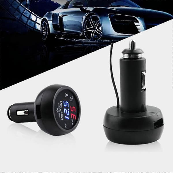 3-i-1 12/24V Bil Auto LED Digital Voltmeter Måler Termometer USB-lader [DB]