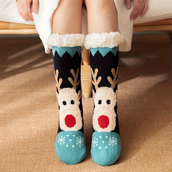 Julklappssockor med älgmönster, Tjocka Varma Plushfodrade Hemsockor, Damstrumpor & Strumpbyxor db Navy Blue - 1 Pair One-size
