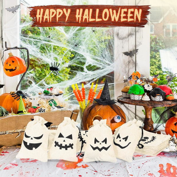 48 kpl Halloween Pumpkin Burlap Candy Laukut - Valkoiset kiristysnauhakassit