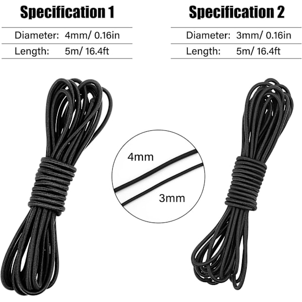 Fantasyon 4mm Svart Elastisk Snøre 10 Meter 4mm Elastisk Snøre Bungee Snøre Rundt Elastisk Snøre Bungee Tau Multifunksjonelt [DB] Black and White 4mm 10Meter