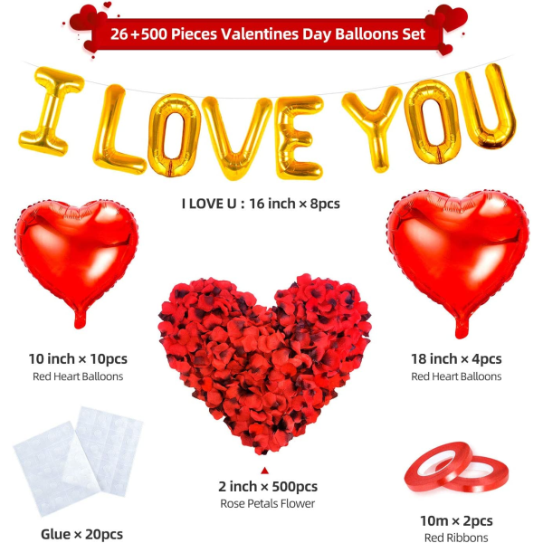 Ballonger og hjerteballongsett med roseblader fra I Love You