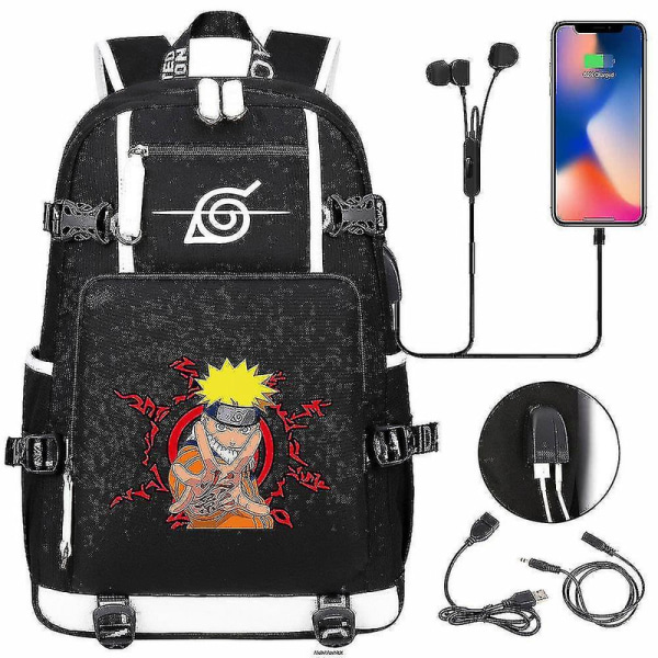 Anime Naruto Akatsuki Itachi Sharingan Ryggsäck Usb Cahrge Gymnasieelever Skolväska Kapacitet Resa Laptop Axelväskor DB Black