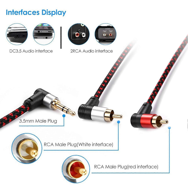 3,5 mm:n uros RCA -sovitin, kaksoiskulma HD RCA -muuntojohto videonauhureille, DVD-soittimille, televisioille ja videokameroille [DB] 2M